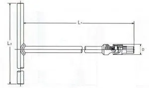 Technical drawing of T-handle wrench showing dimensions and a sectional view of the universal joint and Torx bit
