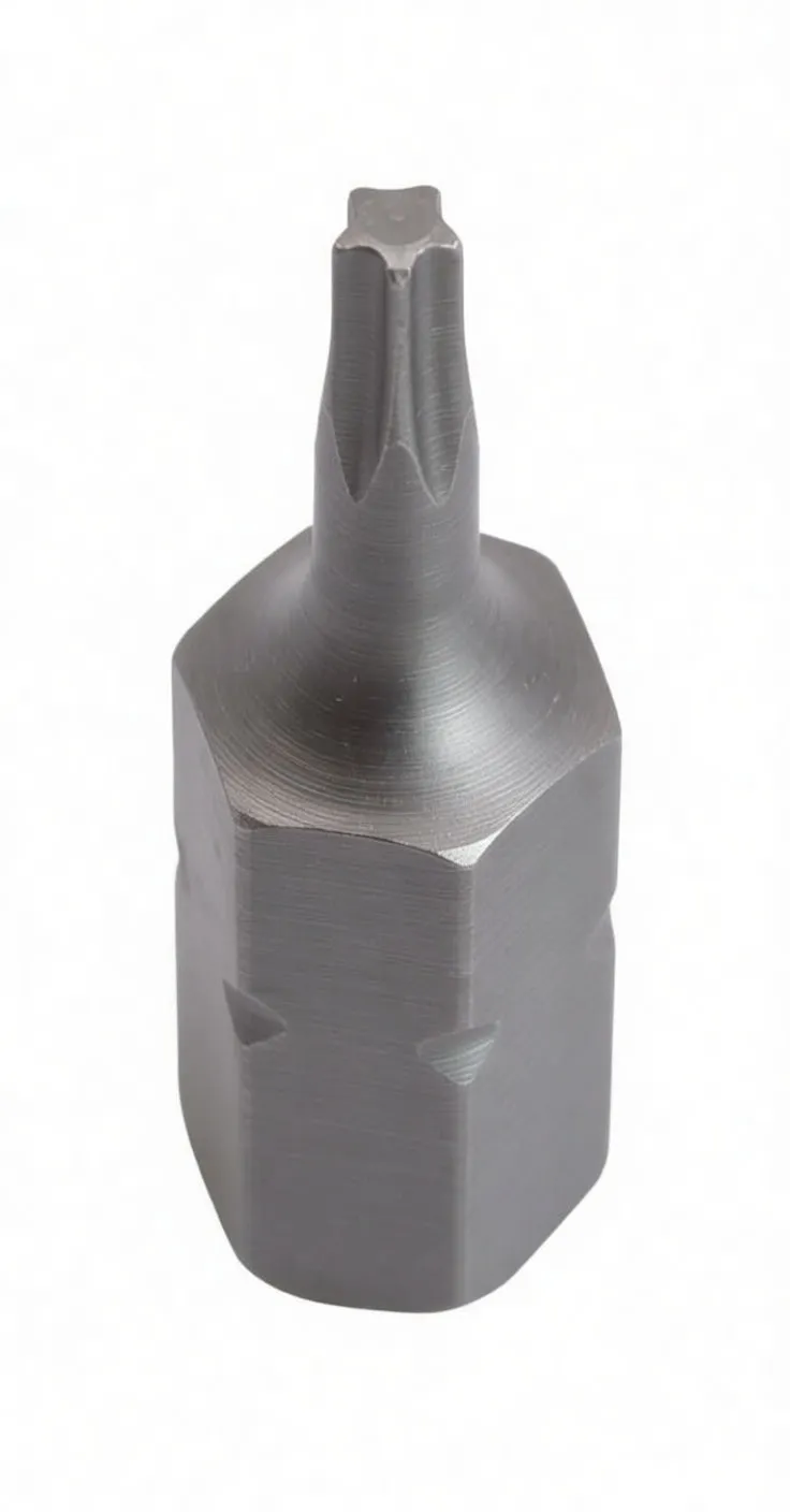 Angled side view of T10 Torx bit with ASTA marking and 1/4 inch hex shank