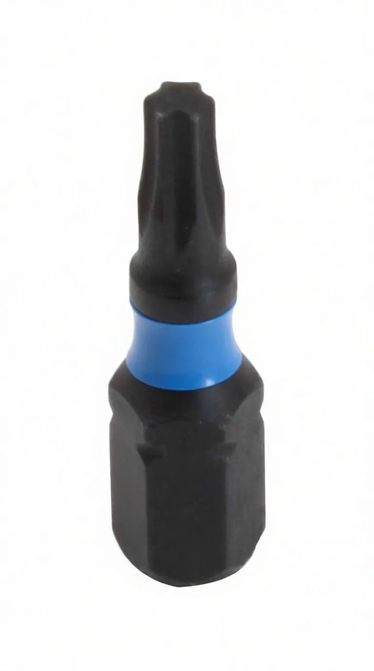 Front view of a black Torx T15 bit with blue ASTA band and T15 stamped on the hexagonal base