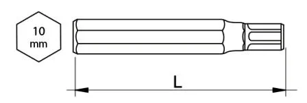 Line drawing of a 10 mm hex shank Torx bit with overall length L and Torx tip illustrated