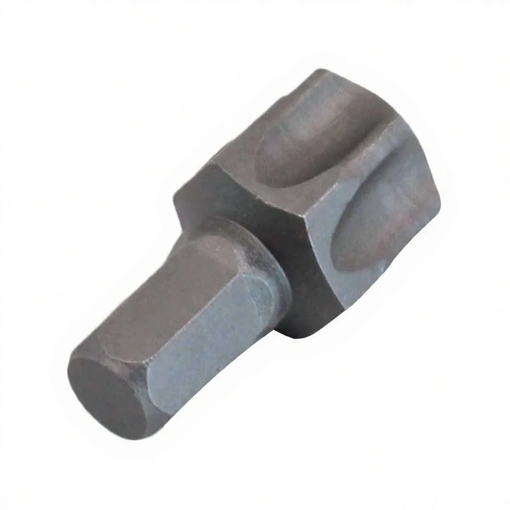 Perspective view of a short 6-lobed Torx bit with hex shank and ASTA branding, matte gray finish.
