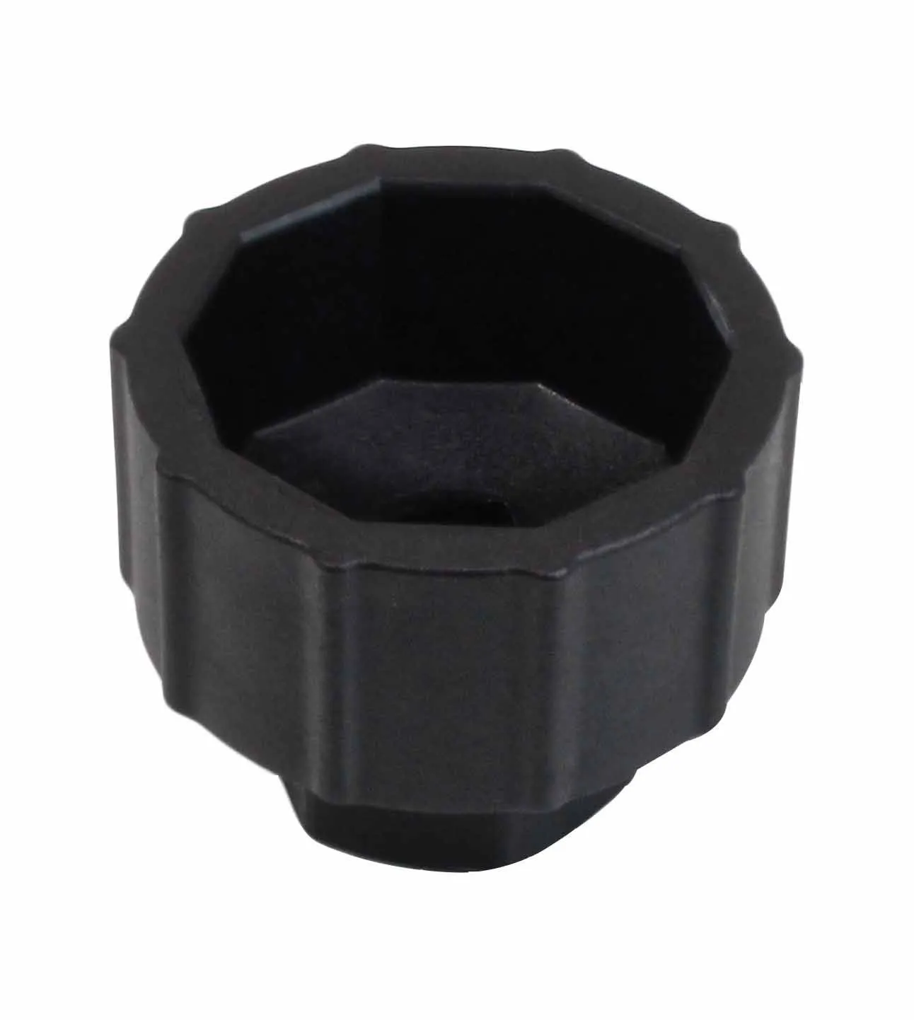 Top view of black socket tool showing internal multi-sided recess and scalloped outer grip