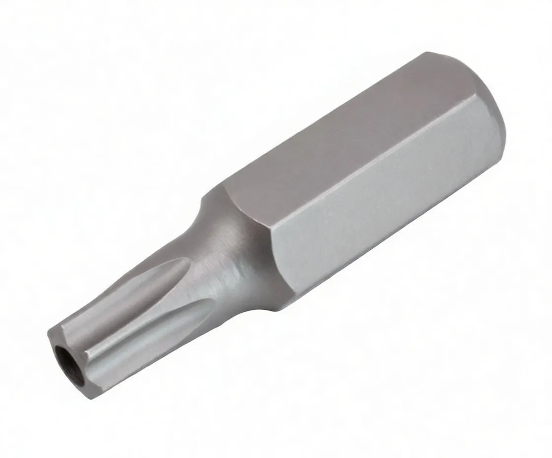 Diagonal shot of tamper Torx bit showing hollow center tip, six lobes and ASTA engraved on hex shank
