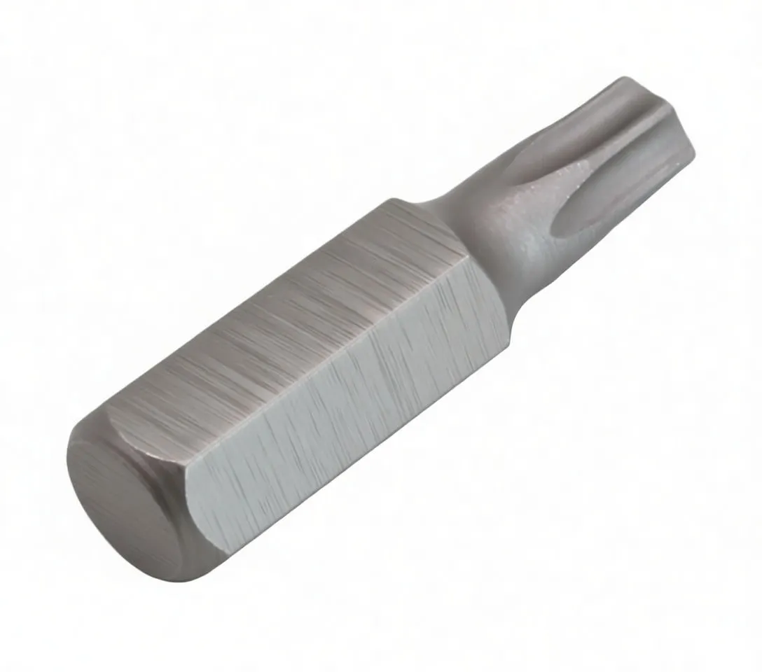 Angled view of a short 1/4-inch hex tamper Torx bit with ASTA marking and retention notches