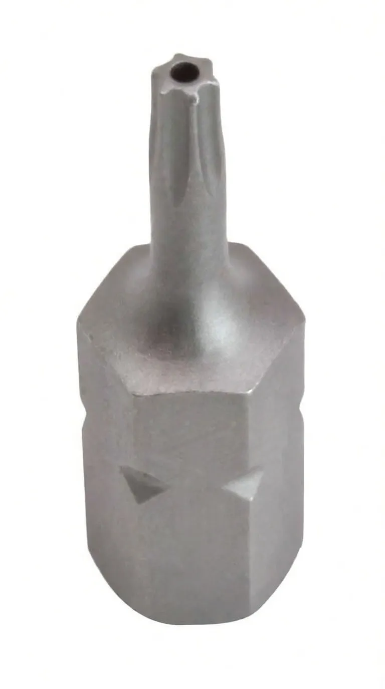 Angled view of security Torx bit showing hex body, ASTA engraving and tamper pin at tip