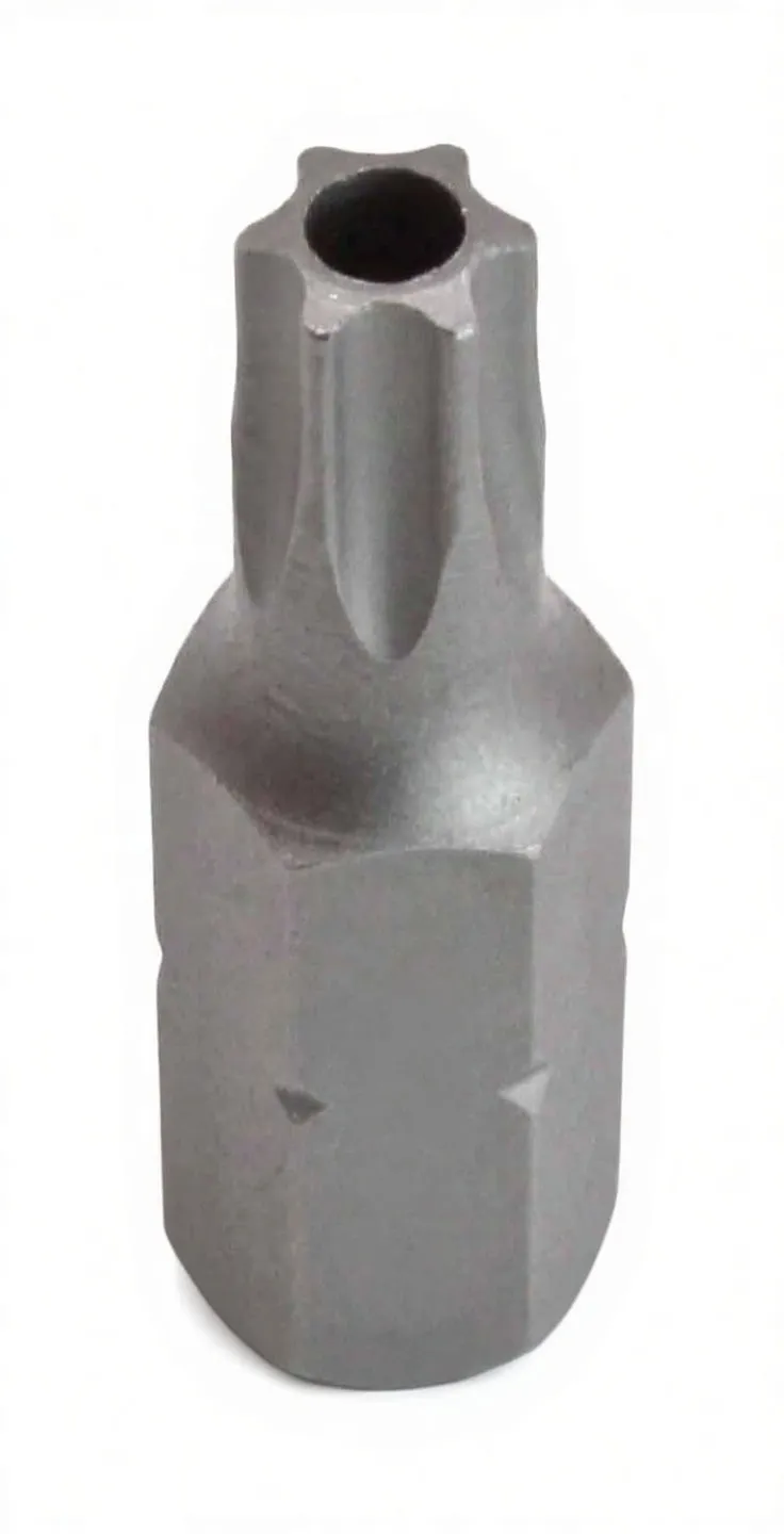 Angled view of tamper Torx bit with central pin hole and ASTA logo on hex shank