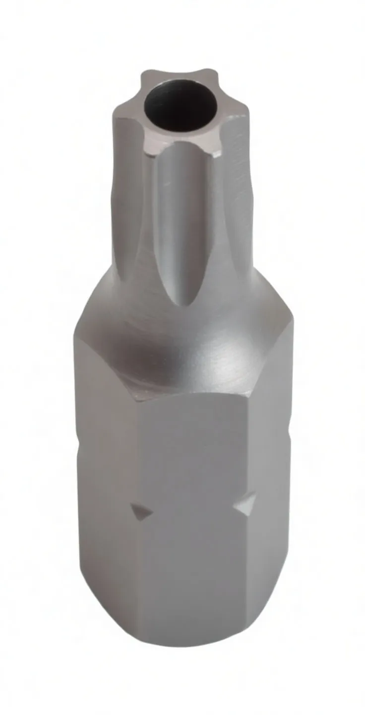 Side view of short tamper Torx bit showing ASTA engraving on hex shank and six-lobed tip with center hole