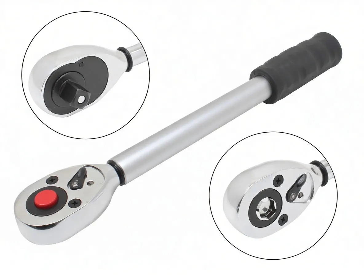 Composite views of telescopic ratchet wrench highlighting red quick-release button, direction lever, square drive and rubber grip