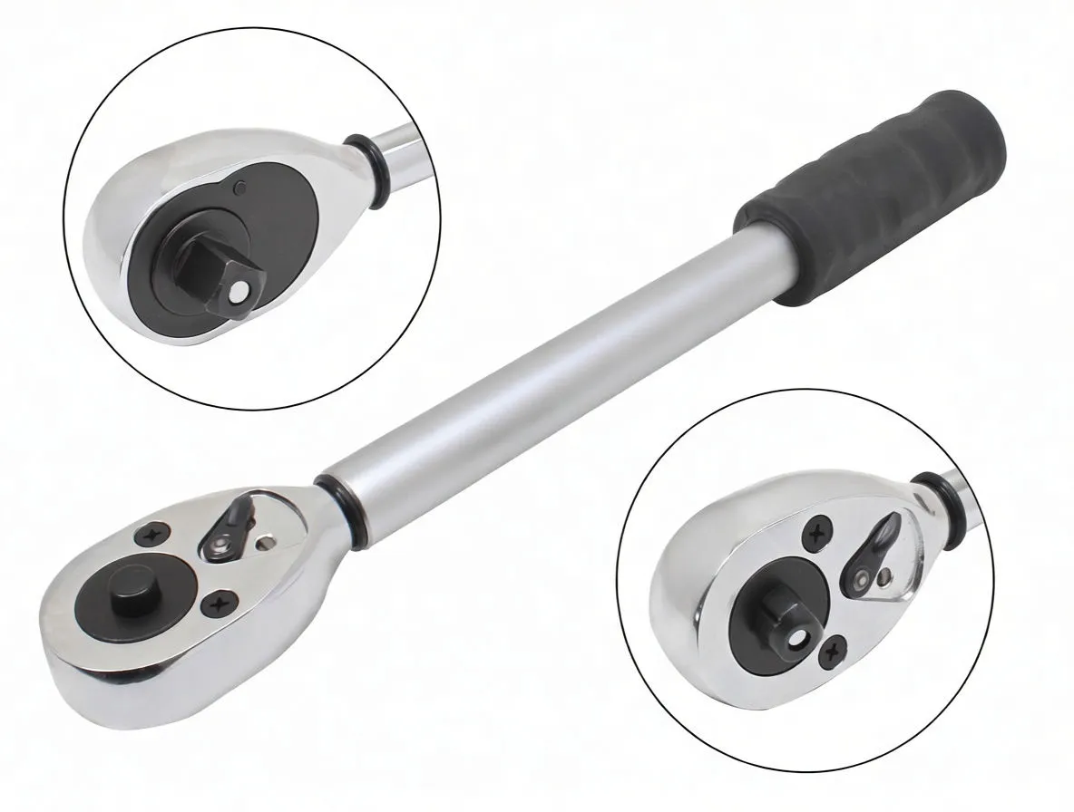 Two telescopic ratchet wrenches showing extended and retracted positions with inset close-up of sliding shaft and logo band