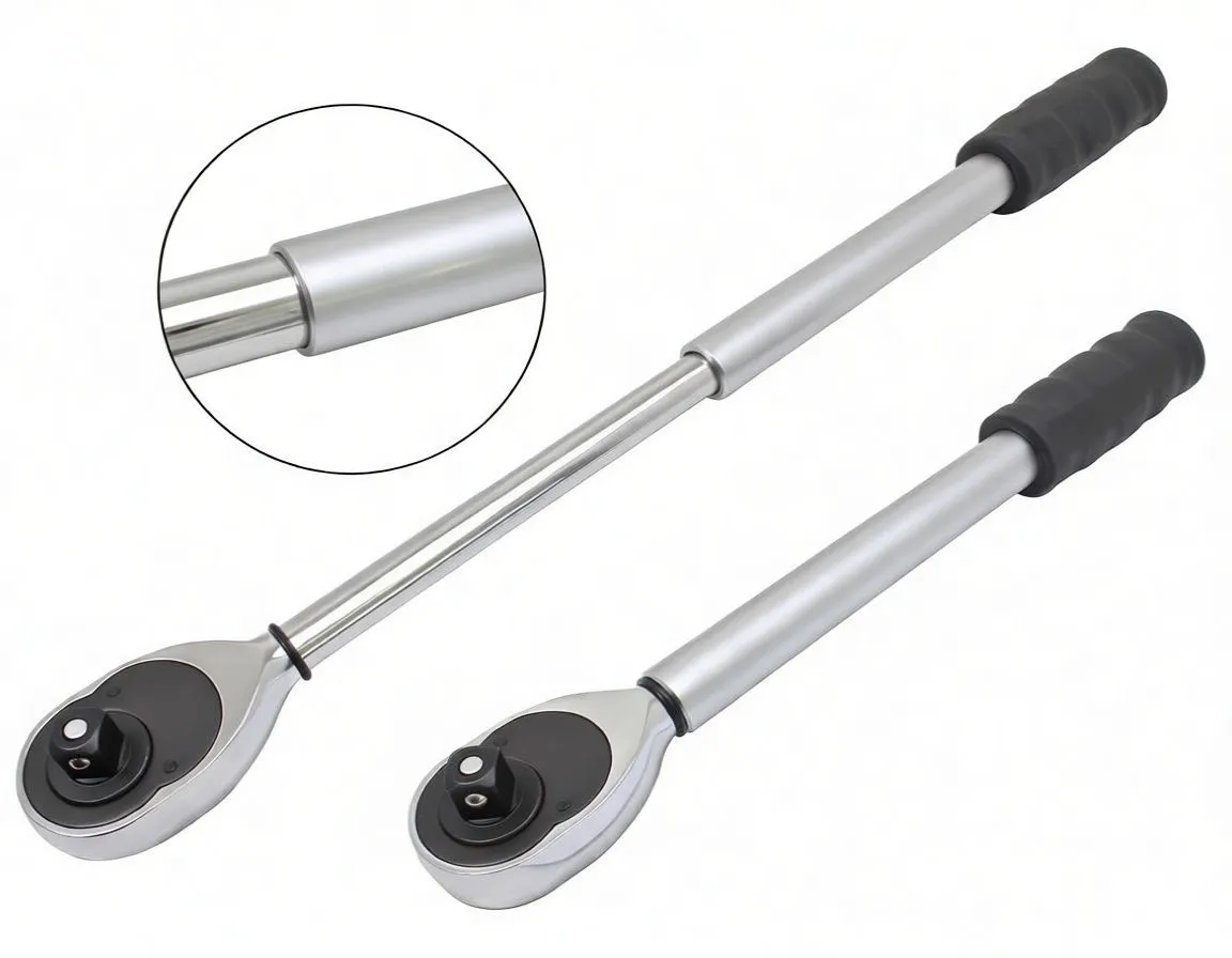 Ratchet head top view with red quick-release button, direction lever, screws and silver telescopic handle with black grip