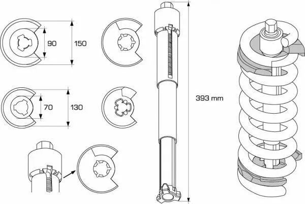 Technical line drawings showing compressor plate sizes, a 393 mm forcing rod and an assembly illustration placing plates on a coil spring with dimensional callouts.