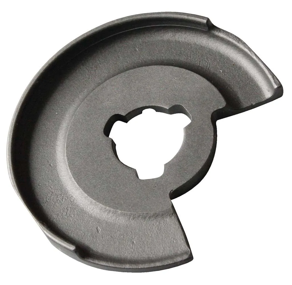 Detail of a dark gray C-shaped cast spring compressor plate with central multi-lobed hole and outer rim.