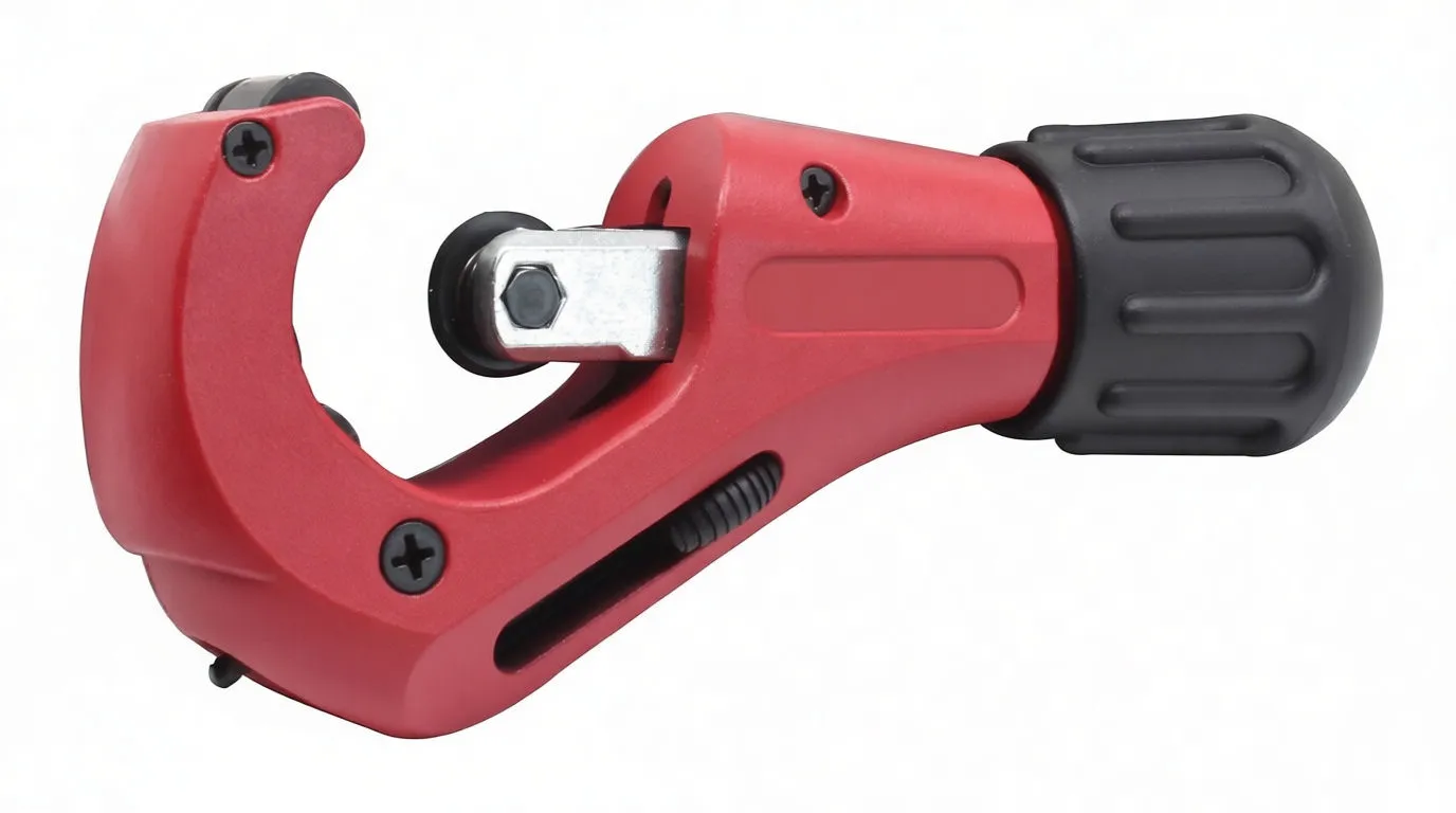 Side view of red ASTA tube cutter showing cutting wheel, rollers and black adjustment knob.