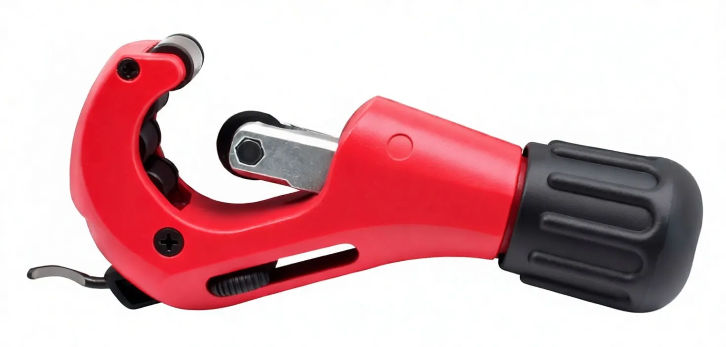 Angled view of tube cutter with extended metal tab, cutting wheel, rollers and ASTA logo.