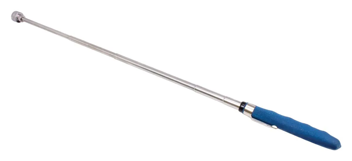 Fully extended telescoping magnetic pick-up tool with stainless steel segments and blue handle.