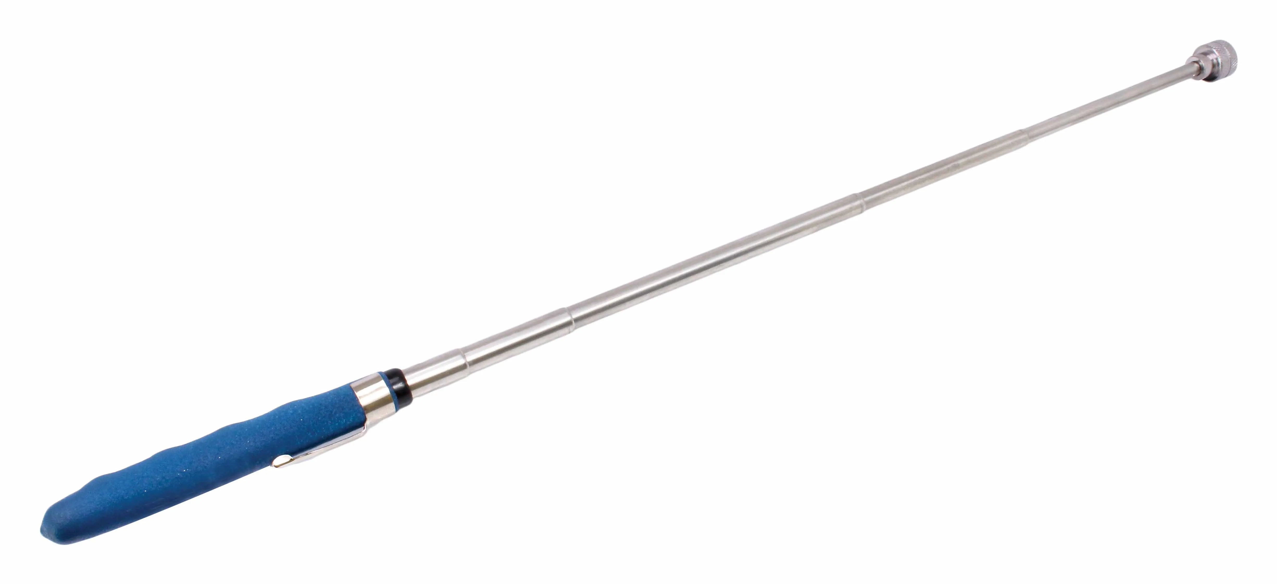 Angled view of telescoping magnetic pick-up tool showing stainless steel shaft and blue ergonomically grooved handle.