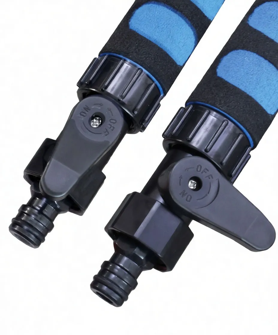 Close-up of threaded locking collar and swivel adapter on telescoping pole showing rotation arrows