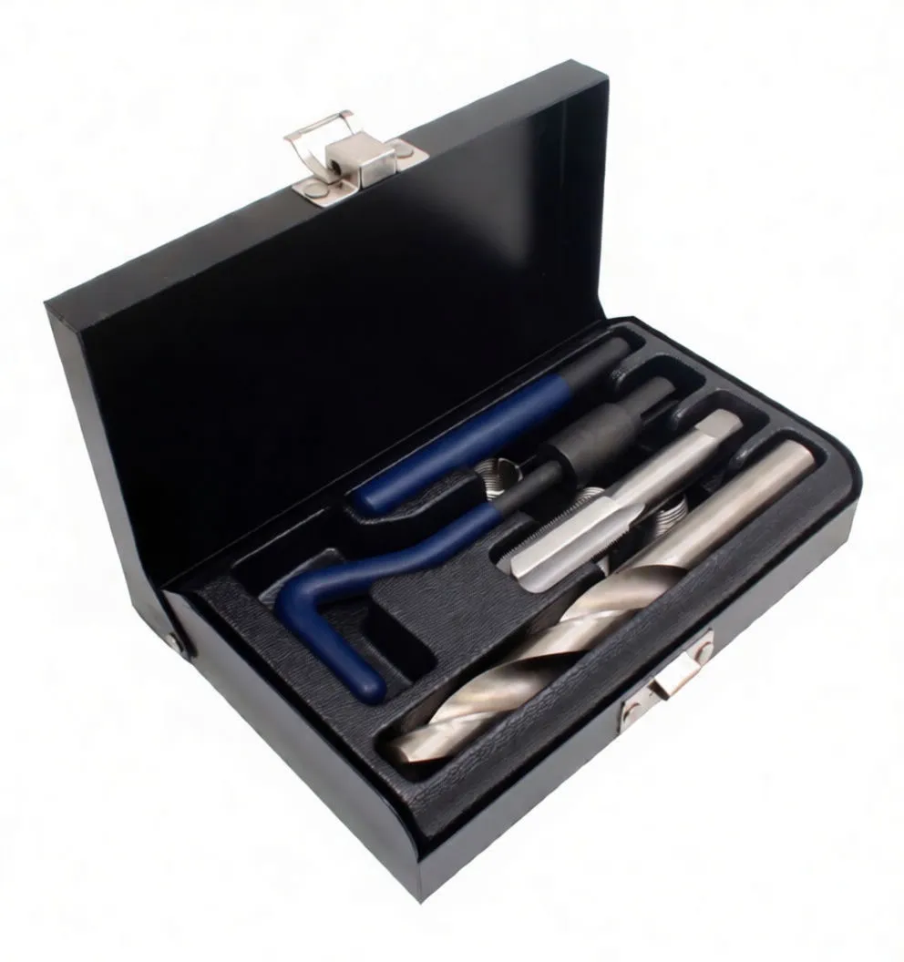 Angled open box of a thread repair kit with drill, tap, helicoil insert, cylindrical driver and blue-handled tools in a molded foam tray; embossed logo visible on lid.