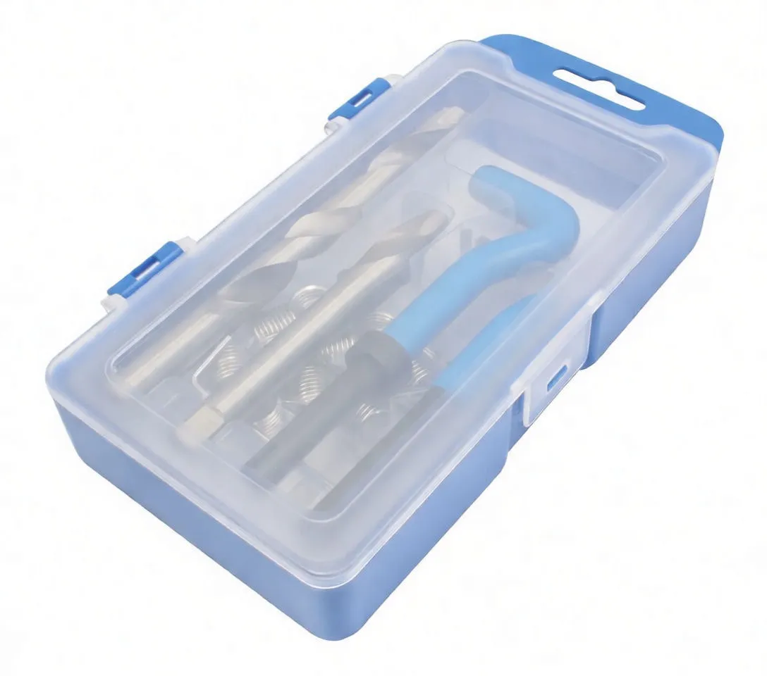 Closed blue kit box with translucent lid showing Helicoil kit inside and a blue-and-white label with barcode