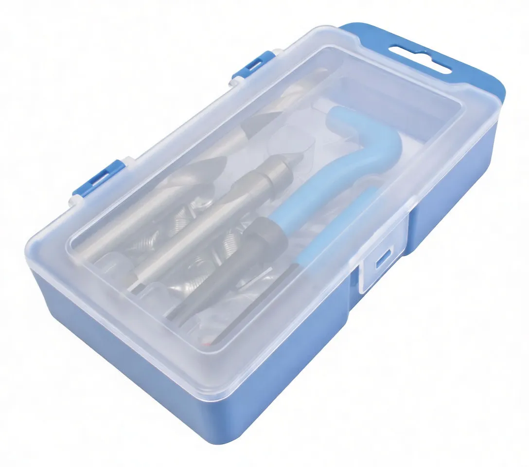 Closed blue plastic case with clear lid, barcode label and visible blue L-shaped tool