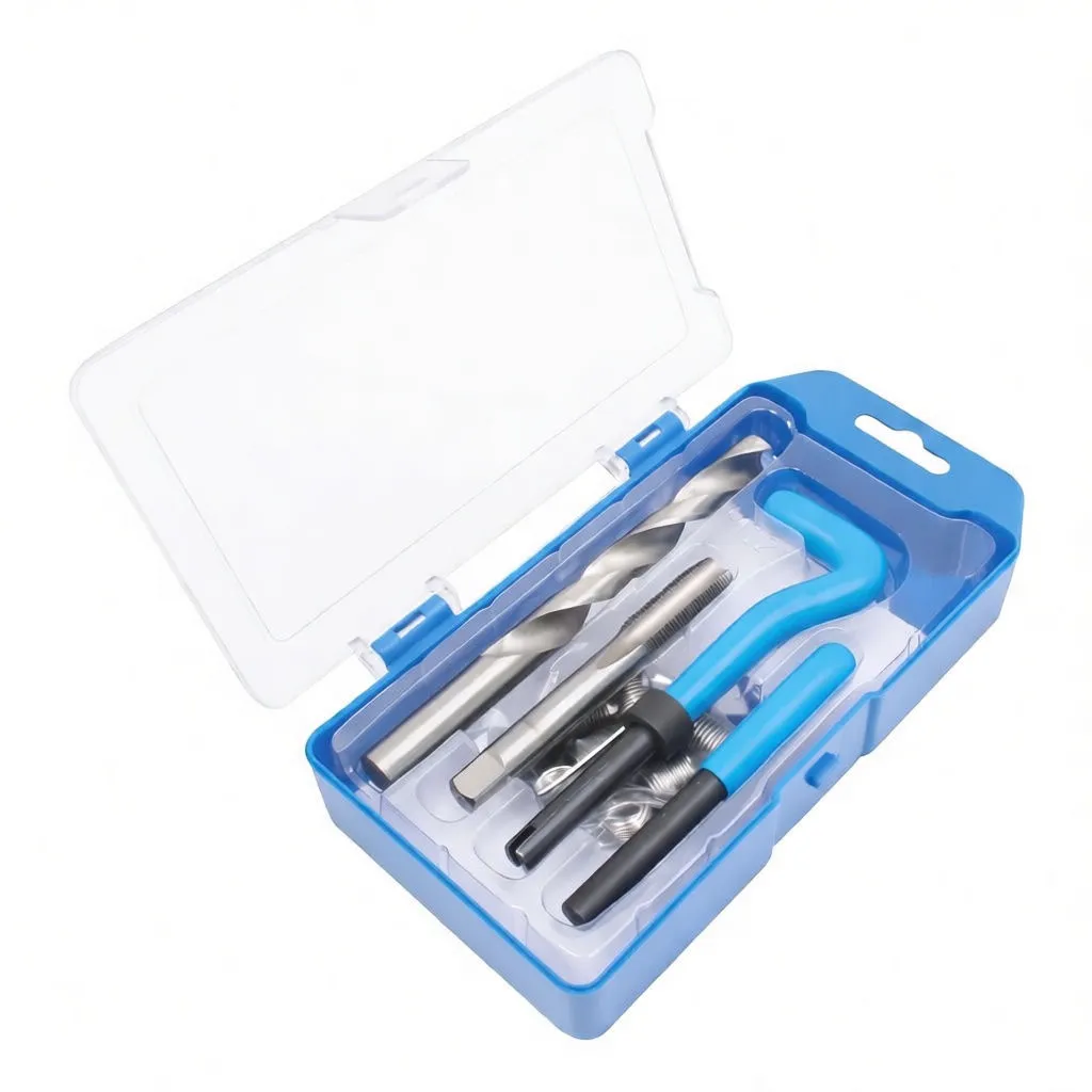 Angled open case view showing drill, tap, two blue-handled installation tools and several stainless helicoil inserts in a molded tray