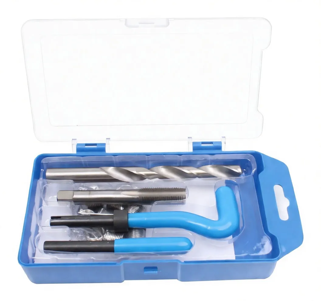 Closed blue plastic case with clear lid showing internal tools and a product label with barcode and M12/1.5 marking