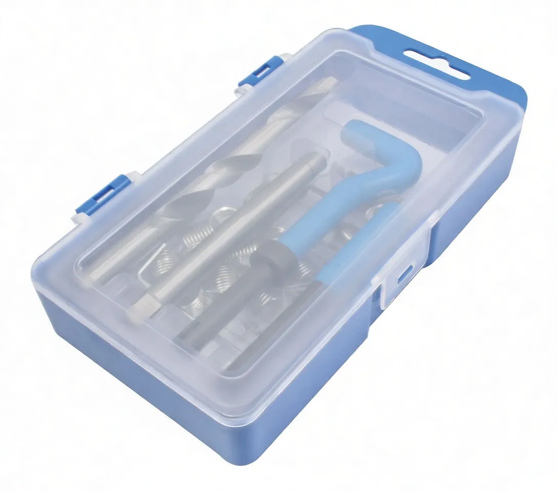 Closed blue case with translucent lid, barcode label on top, and faint view of drill, tap and coil inserts beneath