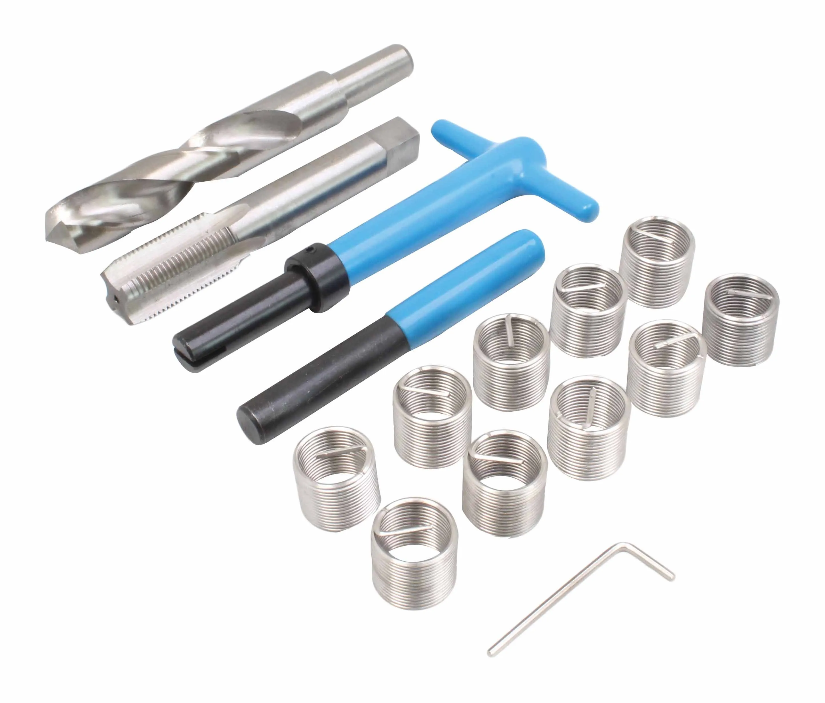 Thread repair kit components laid out: drill, tap, two blue T-handle insertion tools, many stainless steel helicoil inserts and small hex key