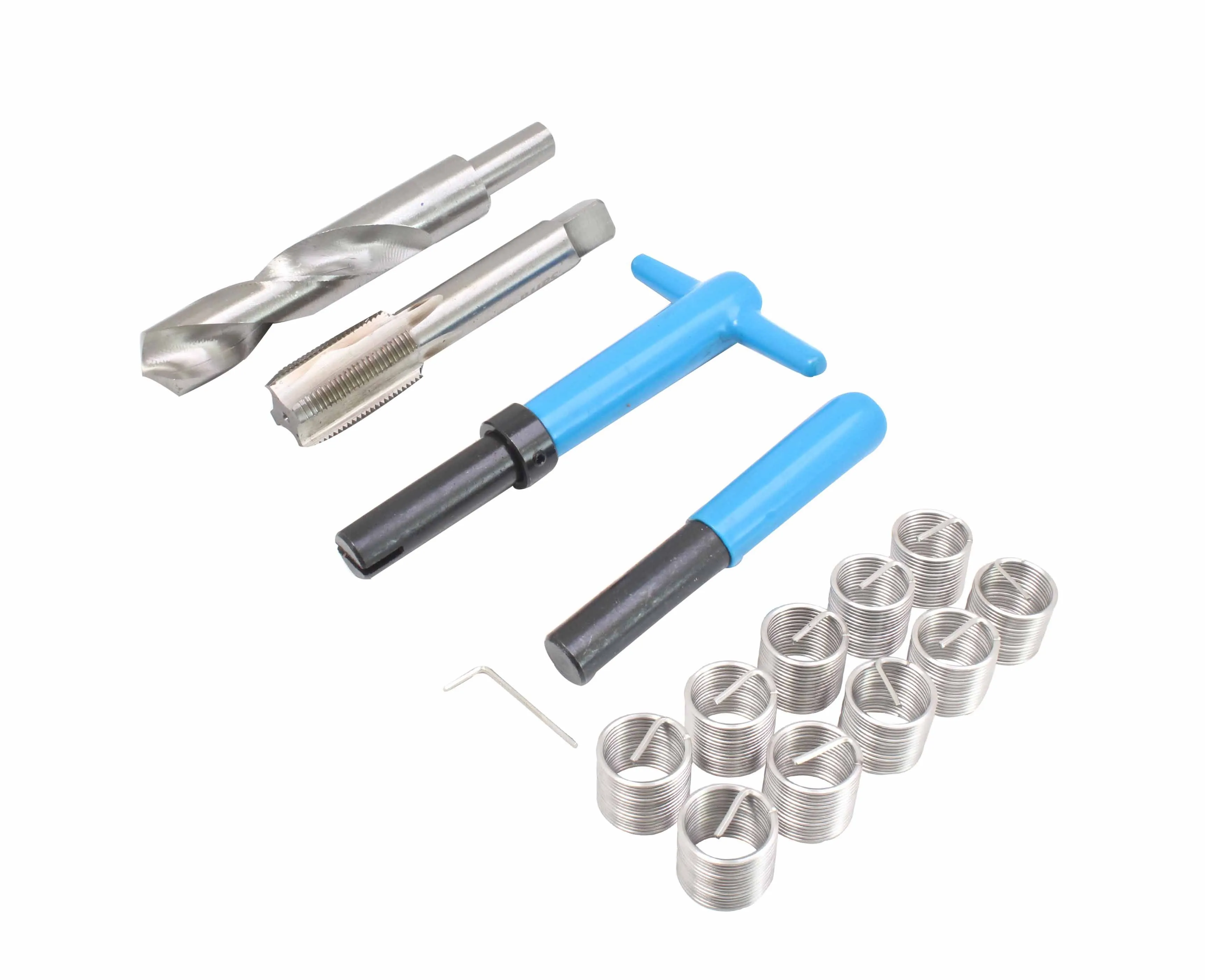Laid-out thread repair kit parts: drill, tap, T-handle driver, second driver, hex key and multiple helicoil inserts