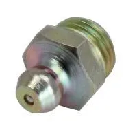 Angled view of a chromate-plated grease fitting showing threads, hex flats and domed tip with small outlet