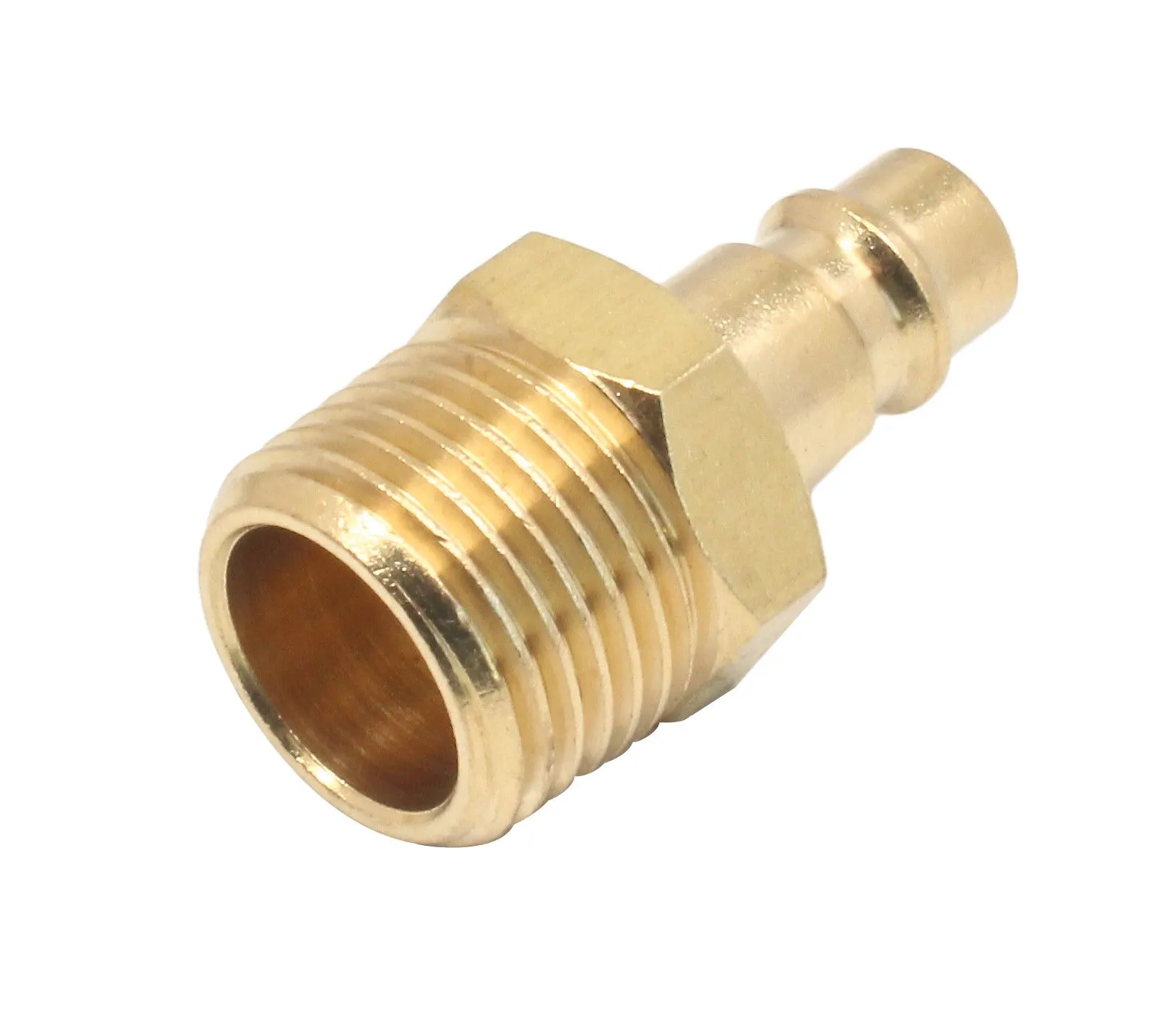 Angled shot of brass 1/2" male threaded quick connect adapter showing threaded bore and hose barb.