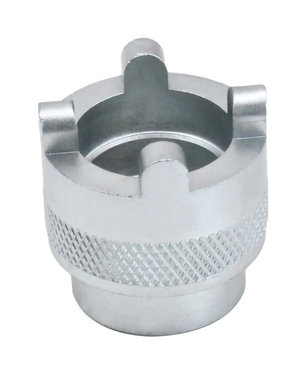 Front view of silver socket with three radial tabs and knurled middle band