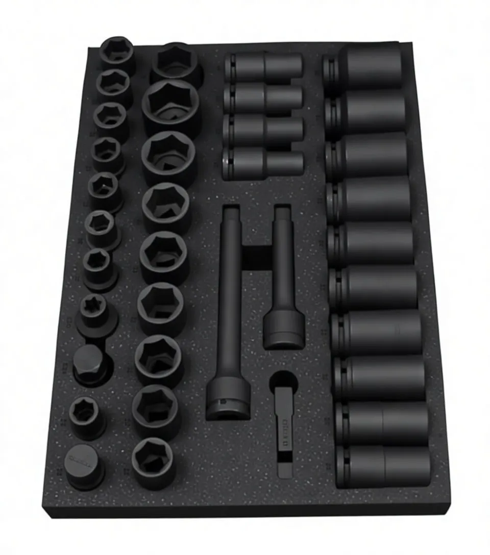 Angled overhead view of organized impact sockets and extensions in black/blue foam tray