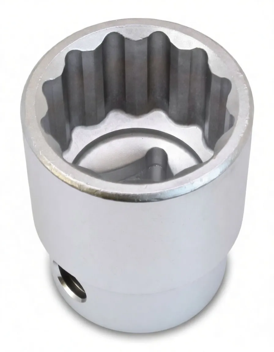 Angled side view of a 12-point chrome socket showing internal profile and a retaining-pin hole