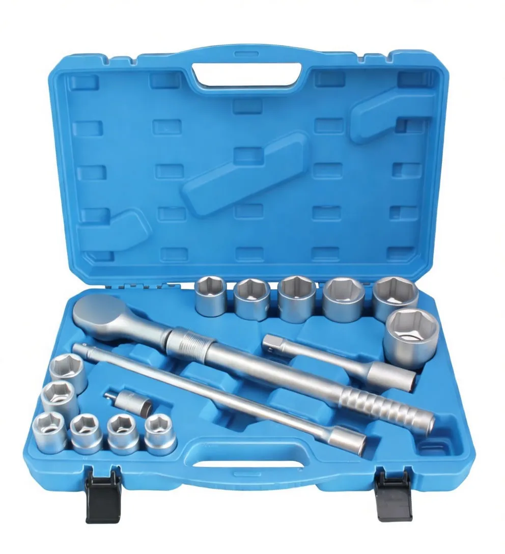 Angled shot of open blue case with reversible ratchet, extensions and 6-point sockets in molded slots