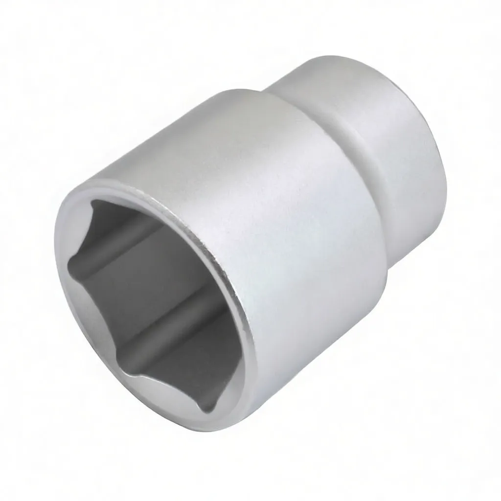 Angled side photo of a 6-point socket showing embossed brand on the outer surface and the hex opening