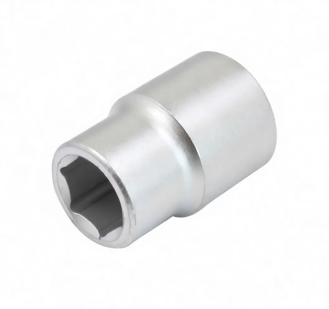 Angled side view of chrome six-point socket showing inner hex profile and brand marking