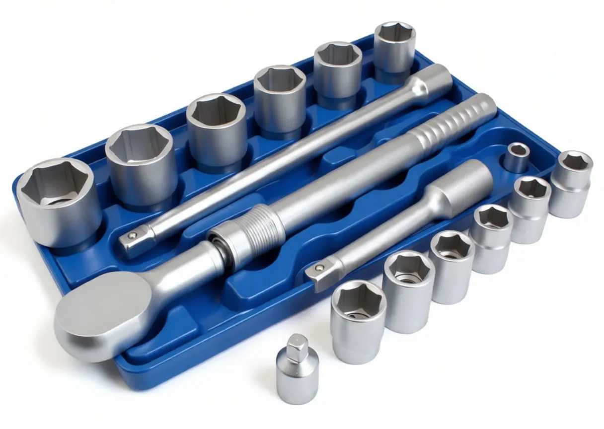 Laid-out components: reversible ratchet, breaker bar, extensions, adapter and multiple 6-point sockets on white background