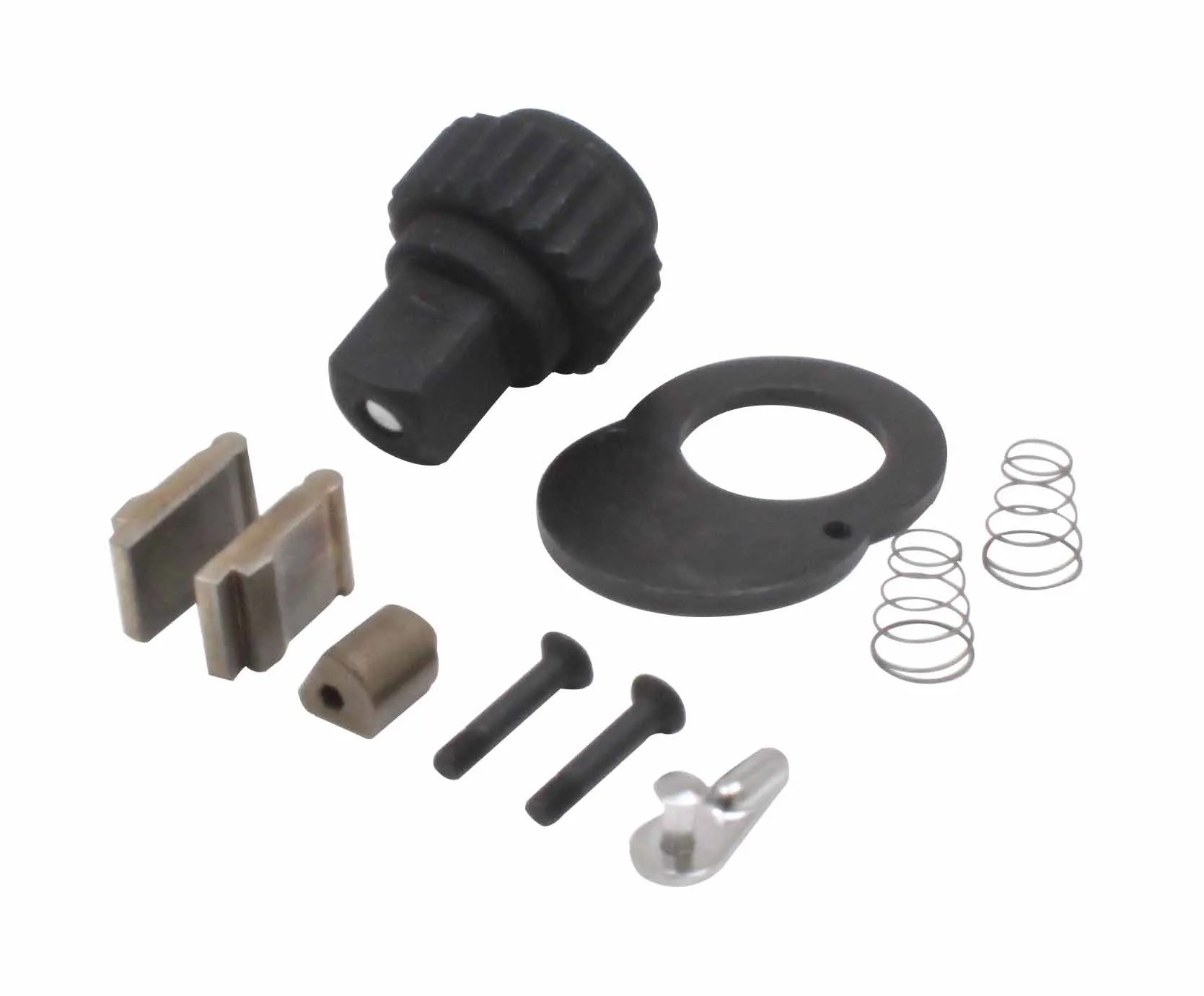 Angled view of repair kit: knurled drive, retaining plate, springs, clips, pins, bushing and silver cam