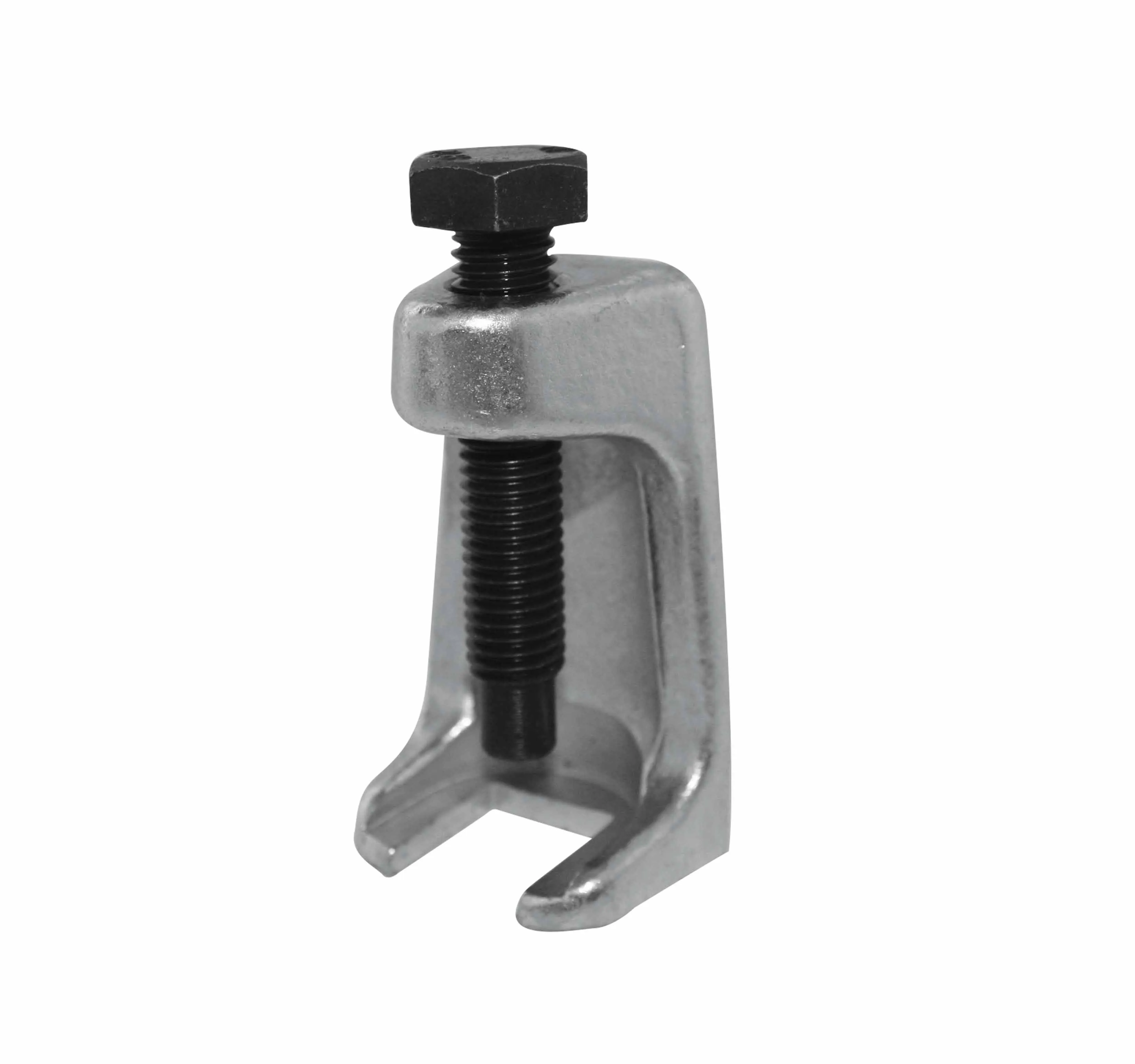 Front view of an upright U-shaped tie rod end puller with a vertical black screw and hex head.