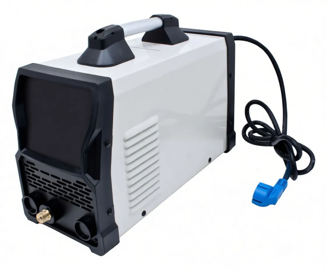 Rear of welding machine showing fan grill, ON/OFF GAS rocker switch, AC 1~230V marking and coiled mains cable with plug.