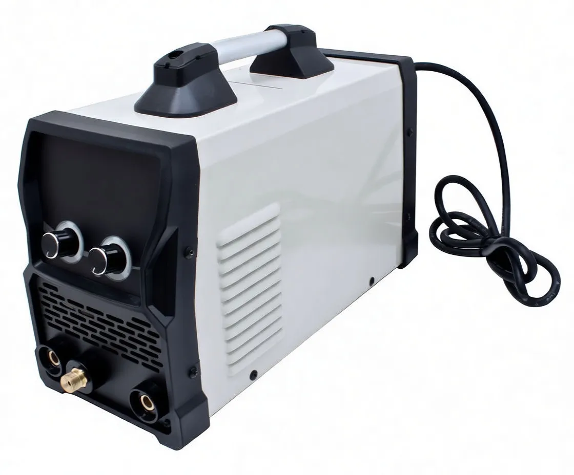 Front panel close-up of S-SH200ACDC welding machine with digital display, two control knobs, vented grill and multiple output connectors including DINSE sockets and a brass gas fitting.