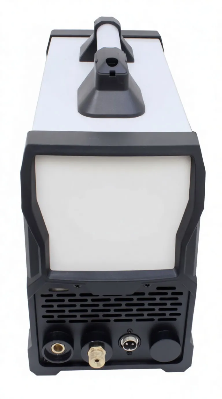 Top-side angled view of saTra S-SH200ACDC welding machine with carry handle, top label and side vents.