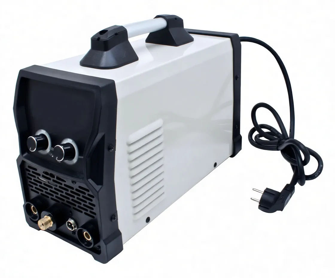 Angled front view of saTra S-SH200ACDC welding machine with control knobs, display, front sockets, top handle and power cord with plug.