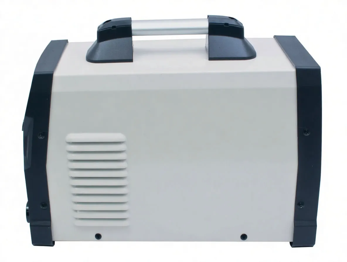 Side profile of saTra S-SH200ACDC welding machine showing logo, ventilation grille, top handle and black corner guards.