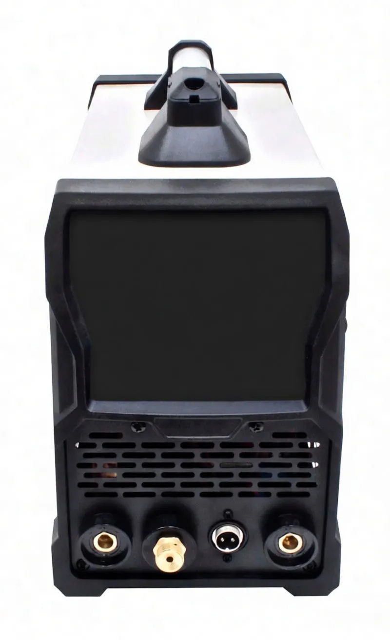 Side view of saTra S-SH200TM welding inverter showing logo, ventilation louvers, carry handle and black corner protectors