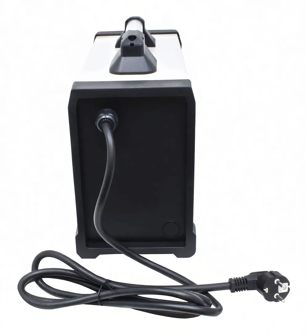 Rear of saTra S-SH200TM showing power cord entry, AC 1~230V label, red on/off switch, gas inlet, cooling fan and data sticker