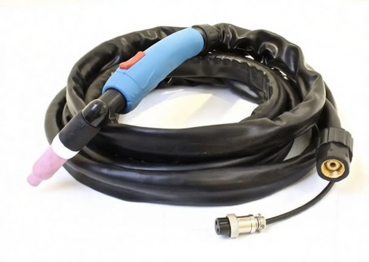 TIG torch with pink ceramic nozzle, blue handle, coiled black cable and gas and multi-pin connectors
