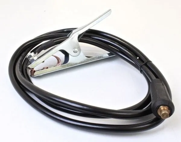 Ground/earth clamp with coiled black cable and brass connector for TIG welder