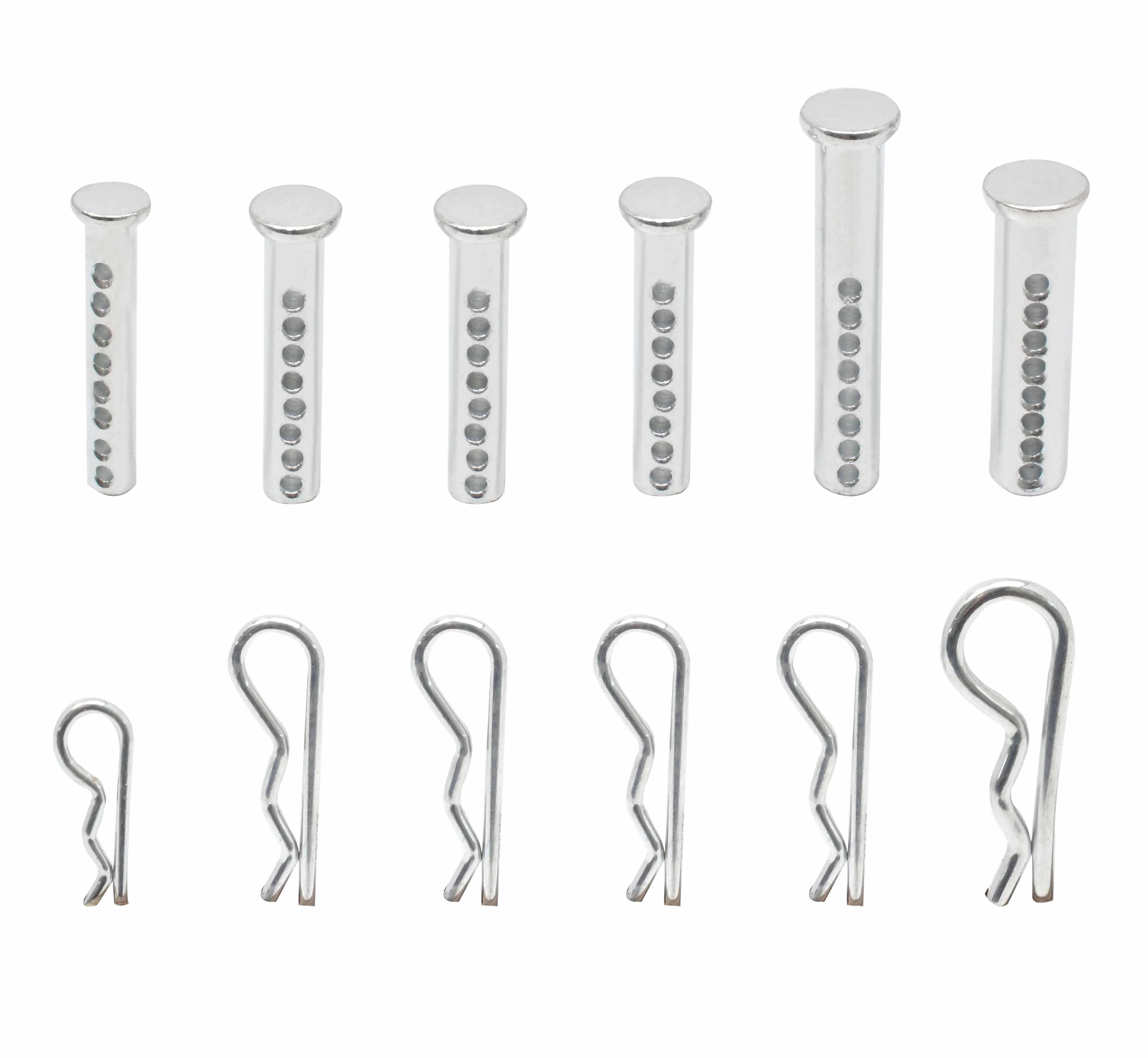 Rows of individual slotted pins (top) and R-clips (bottom) displayed on white background.